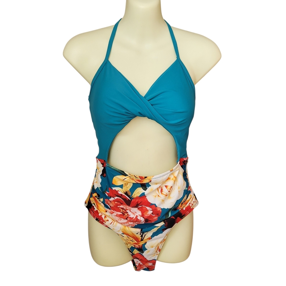 Cupshe SZ Medium Teal Floral One-Piece Swimsuit Front Cutout Tie Back Halter Tie